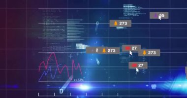 Toplumsal metrik simgeler olarak ortaya çıkan kırmızı mavi grafikleri etkinleştiren kaydırma kodu analitik için kümeleniyor. Dijital, veri, görselleştirme, arayüz, modern, teknolojik, analitik