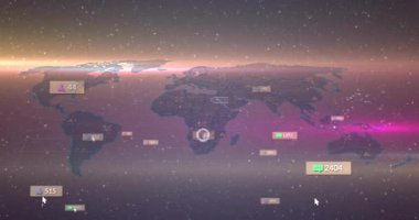 Küresel harita ana hatları başlangıç panellerini somutlaştırıyor. Sürüklenen sayıları güncelliyor ve uyarıları gösteriyor. Teknoloji, veri görselleştirme, dijital arayüz, ağ, animasyon, analitik, iletişim