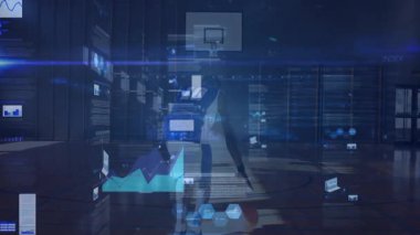 Basketbolcu orta sahada top sürmeye başladı. Animasyon çizelgeleri yükseliyor ve şutu yönlendiriyor. Spor, hareket, analitik, teknoloji, performans, görselleştirme, fitness