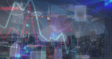 Şehirdeki finansal verilerin ve grafiklerin resmi. Küresel finans, ekonomi ve teknoloji kavramı dijital olarak üretilen görüntü.