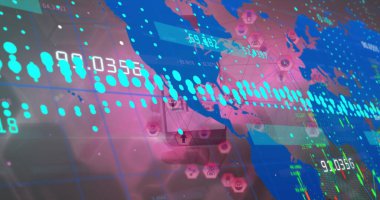 Veri işleme ve akıllı telefonu elinde tutan dijital simgelerin küresi ile arayüz görüntüsü. Bilgisayar arayüzü ve iş teknolojisi kavramı