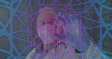 Kafkas erkek doktor üzerinde küçük bir şişeyle veri işleme görüntüsü. Küresel tıp ve dijital arayüz kavramı dijital olarak oluşturulmuş görüntü.