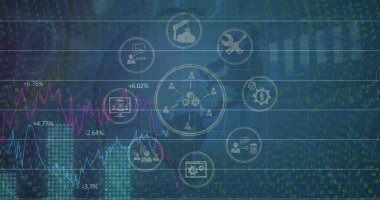 Karanlık arka plandaki finansal bağlantıların görüntüsü. Küresel bağlantılar, veri işleme ve dijital arayüz konsepti dijital olarak oluşturulmuş resim.