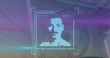 Elektrik direkleri üzerinde veri işleme ve kullanıcı fotoğrafları. Enerji, elektrik, veri işleme, güvenlik ve teknoloji konsepti dijital olarak oluşturuldu.