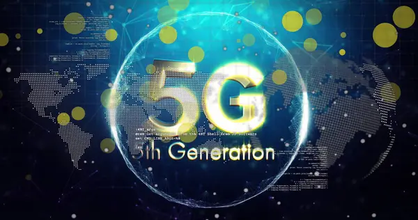 Dünya haritası ve siyah arkaplan üzerinde 5. nesil ve dünyanın resmi. Ağ, iletişim ve teknoloji konsepti dijital olarak oluşturuldu.