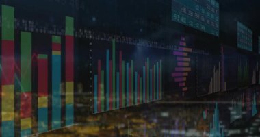 Başlangıçta, Skyline bar pasta histogram hattı boyunca uzanan grafikler ve pazar eğilimlerini güncelleyen kalp pili. Analizler, görselleştirme, veri, teknoloji, finans, gösterge paneli, modern