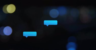 Bulanık şehir ışıkları sohbet baloncuklarını başlatıyor, kümeleri patlatıyor, sonra da karanlık arkaplanı eski haline getiriyor. Dijital, fütürist, soyut, teknoloji, iletişim, canlı, dinamik