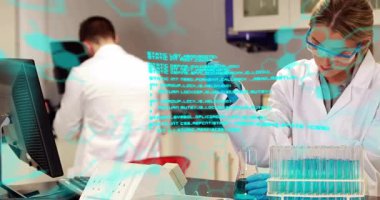 Dişi kimyager pipet aspirasyon sıvısı kullanırken erkek de sürüklenen verileri daktilo ediyor. Laboratuvar, deney, bilimsel, analiz, kesinlik, yenilik, teknoloji