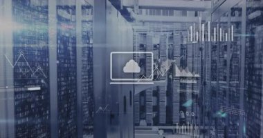 Analizler sunucu koridorunda dizüstü bilgisayarın ana hatlarıyla veri akışını gösteren animasyonları örtüyor. Teknoloji, otomasyon, siber güvenlik, yenilik, dijital ağ, altyapı