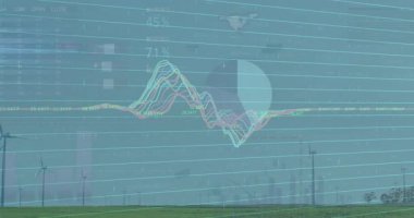 Rüzgâr türbinlerinin üzerinde beliren dalga şeklindeki grafikler enerji verilerini canlandırıyor. Yenilenebilir, sürdürülebilirlik, analitik, görselleştirme, fütüristik, teknoloji, çevre