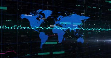 Dünya haritasında beliren deniz mavisi noktalar, eflatun arayüzler ve yeşil çizgiler üzerinde finans için. Coğrafi, veri görselleştirme, dijital analitik, finans teknolojisi, fütüristik, bilgi gösterimi, iş zekası