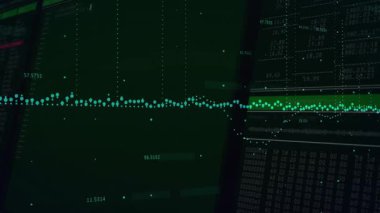 Veri akışı şebeke inişine başlıyor, titreşim noktaları analizde kayan kodlarla histogram oluşturuyor. Dijital, fütüristik, soyut, analitik, teknolojik, veri, görselleştirme