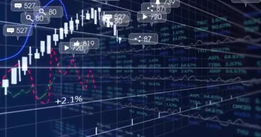 Veri kaydırma işlemi şamdanlar görünmeye ve grafik oluşturmaya başlarken simgeler güncellenerek eğilimleri gösteriyor. Teknoloji, analitik, görselleştirme, finans, dijital, fütüristik, dinamik