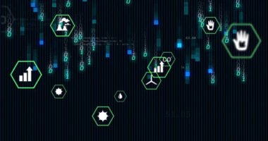 Simgeler CO 'ya dönüşürken ve veri odağı için düşerken, el simgesi ikili akımları tutuşturuyor. Dijital, geleceksel, çevresel, veri, teknoloji, yenilenebilir, çevre dostu.