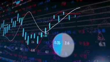 Beyaz veya kırmızı kıvrımları görselleştiren piyasa grafiği sürüklenen çubuklar yükselen mor diyagramlar sönen ışık titreşimleri. Soyut, veri görselleştirme, fütüristik, dinamik, analitik, teknoloji, dijital