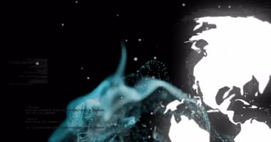 Sürüklenen dijital kod parçaları, dönen beyaz küre, dönen akıntılar görselleştiren veri akışı. Gelecek, teknoloji, veri, siber alan, soyut, dijital, yenilik