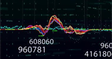 Rakamsal yağmur çok renkli dalga formunu başlatıyor. Tepe numaralarını gösteren parlayan nokta taban çizgisi üzerinde hizalanıyor. Soyut, veri görselleştirme, fütüristik, teknolojik, siber, canlı, analiz