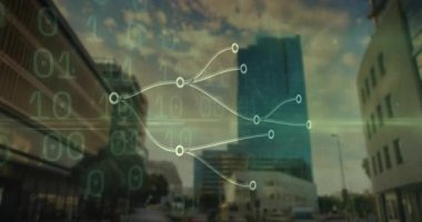 Ağ diyagramına yayılan yeşil tarama ışını aydınlatma düğümleri ve çift haneli titreşimler. Teknoloji, dijital, ağ oluşturma, kentsel, geleceksel, veri, yenilik