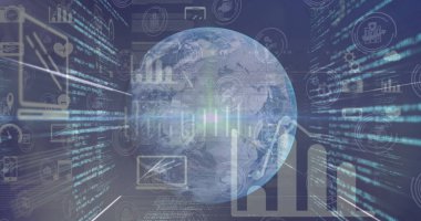 Mavi zemin üzerinde veri işleme ile dijital arayüzün görüntüsü. Küresel ağ ve iş teknolojisi kavramı