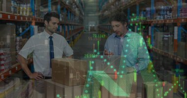 Depodaki beyaz adamların mali grafikleri. İş, finans, ekonomi ve dağıtım hizmetleri kavramı dijital olarak oluşturulmuş imaj.