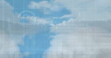 Elektrik bulutlu gökyüzünde finansal veri işleme görüntüsü. Elektrik, enerji ve güç dağılımı dijital olarak oluşturulmuş görüntü.