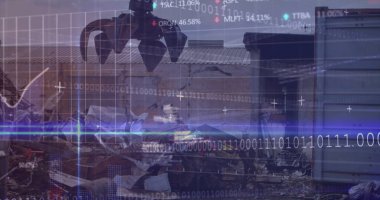 Çöp yığını üzerinde veri işleme resmi. Küresel iş ve dijital arayüz kavramı dijital olarak oluşturulmuş görüntü.