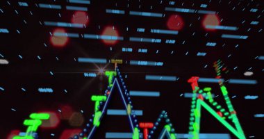 Siyah arkaplandaki ışık noktalarından finansal veri işleme resmi. Küresel iş, finans ve dijital arayüz kavramı dijital olarak oluşturulmuş görüntü.