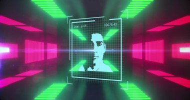 Veri işleme görüntüsü, çeşitli insanların siyah arkaplanda neon şekiller üzerinde portreleri. Küresel teknoloji ve dijital arayüz konsepti dijital olarak oluşturuldu.