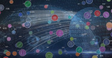 Dünya üzerindeki ışık yollarına karşı dijital simge ve veri işleme ağının görüntüsü. Küresel ağ ve iş teknolojisi kavramı