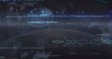 Veri işleme görüntüsü mavi arka planda. Bilgisayar arayüzü ve küresel ağ teknolojisi kavramı