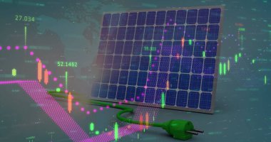 Güneş paneli üzerinden finansal veri işleme görüntüsü. Elektrik, enerji ve güç dağılımı dijital olarak oluşturulmuş görüntü.