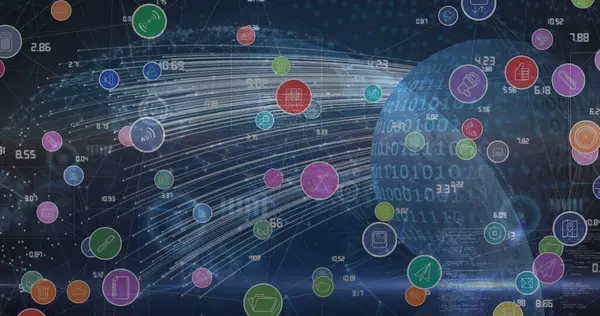 Dünya üzerindeki ışık yollarına karşı dijital simge ve veri işleme ağının görüntüsü. Küresel ağ ve iş teknolojisi kavramı