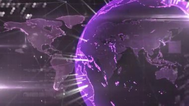 Matrisin üzerinde çapraz çubuk kayması kıtaları birbirine bağlayan mor küre titreşimli ışınlar ortaya çıkarıyor. Teknoloji, bağlantı, yenilik, veri görselleştirme, ağ, dijital arayüz, gelecekçilik