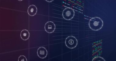 Karanlık ızgara renk değişiminde, simgeler yüzüyor, çizgiler birleşiyor, dinamik çizelgeler ve kalp atışları canlanıyor. Gelecek, teknoloji, bağlantı, veri, analitik, arayüz, dijital