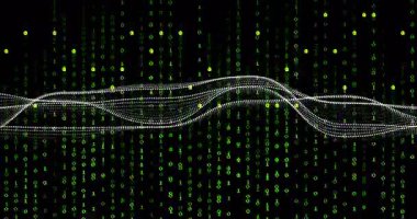 Yeşil çift haneli rakamlar artarken, noktalı dalgalar salınıyor, veri akışını gösteren ipliklere ayrılıyorlar. Dijital, soyut, geleceksel, veri, teknoloji, hareket, görselleştirme