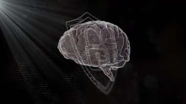 Başlangıçta yarı şeffaf 3D beyin, noktalı kalkan şeklinde dönüyor ve güvenlik için takip ediliyor. Gelecekçi, teknoloji, koruma, siber güvenlik, yenilik, dijital, kavramsal