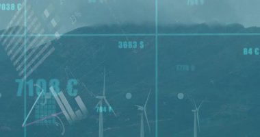 Görünüş modülleri, türbinler üzerinde hareketlendiriliyor ve enerji eğilimlerini gösteren grafikleri güncelliyor. Yenilenebilir, sürdürülebilirlik, dijital, analitik, görselleştirme, geleceksel, çevresel