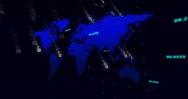 Başlangıçta, ikili akımlar eğimli harita üzerinde kademeli olarak akıyor, veri görüntüsü için koordinat etiketleri yanıp sönüyor. Teknoloji, veri görselleştirme, dijital, siber, ağ, geleceksel, bilgi