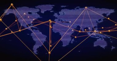 Dünya veri akışını gösteren noktalı harita üzerinden genişleyen ve birbirine bağlanan ilk sinyal başlatma ağları. Teknoloji, bağlantı, dijital, altyapı, siber alan, veri, yenilik