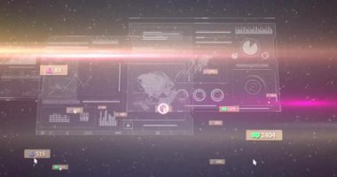 Yıldızlı mor arkaplan açılıyor, HUD panelleri ortaya çıkıyor ve mercek parlamaları ekran ölçümlerini temizliyor. Gelecekçi, dijital, sürükleyici, veri görselleştirme, teknoloji, yenilik, siber uzay