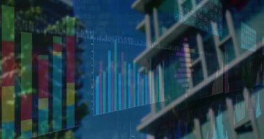 Düz tasarım animasyonuna başlanan soluk bar grafiği ağaç arkaplanı üzerinde pazar verilerini gösteriyor. Analizler, veri görselleştirme, bilgi grafikleri, finansal ölçüler, dijital arayüz, kurumsal iletişim, modern mimari