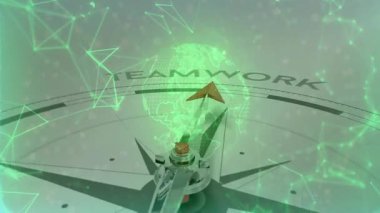 Küre ve düğümlerin pusula üzerinde yoğunlaşması takım çalışması etiketinin kırmızıya dönmesine neden olur. Teknoloji, yenilik, bağlantı, dijital, işbirliği, fütürist, liderlik