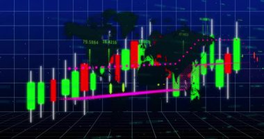 Açılma şebekesi, dünya haritasının yanıp sönen renkli şamdanların piyasa yükselişini gösteren oka dönüştüğünü gösteriyor. Veri, analitik, animasyon, finans, teknoloji, gösterge paneli, görselleştirme