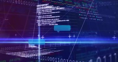 Neon-mavi ışın süpürme, sohbet baloncukları ile ortaya çıkan 3D ızgara, yükselen ölçümleri takip eden yalan makinesi grafiği. Dijital, geleceksel, veri, görselleştirme, teknoloji, analitik, iletişim