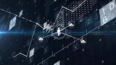 Açılış çizgileri insan ekliyor ve sonsuzluk düğümleri kameraları şebekeyi resmediyor. Soyut, teknoloji, dijital, siber, bağlantı, yenilik, gelecekçi