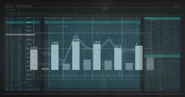 Veri terminali açılırken, bar çizelgesi ve çizgi grafik güncelleme, çubukları kaydırma ve canlı değerleri izleme. Analizler, veriler, gösterge paneli, görselleştirme, teknoloji, dijital, izleme