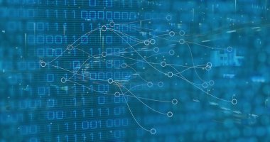 Bağlantının resmi ve mavi arkaplanda ikili kod. Bağlantılar, veri işleme ve teknoloji konsepti dijital olarak oluşturuldu.