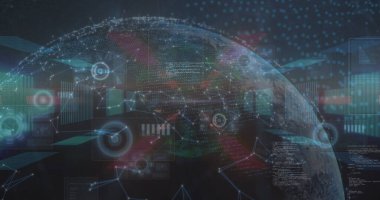 Bağlantı ağının görüntüsü ve mavi arkaplan ile dünya çapında yuvarlak tarayıcılar. Küresel ağ ve iş teknolojisi kavramı