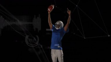 NFL oyuncusu ortaya çıkıyor ve teknolojide kutlama yapıyor, ağ düğümleri gibi top atıyor ve dönüyor. Sporcu, spor, dijital, gelecekçi, hareket, eylem, teknoloji