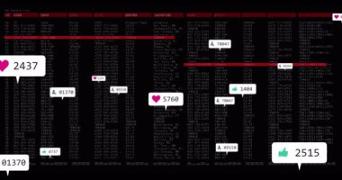 Kırmızı tarama çubuğu tablo görselleştirme ölçümlerinde ilerlerken süzülen metrik baloncuklar başlıyor. Dijital arayüz, veri görselleştirme, analitik, teknoloji, fütüristik, kullanıcı bağlılığı, minimalizm